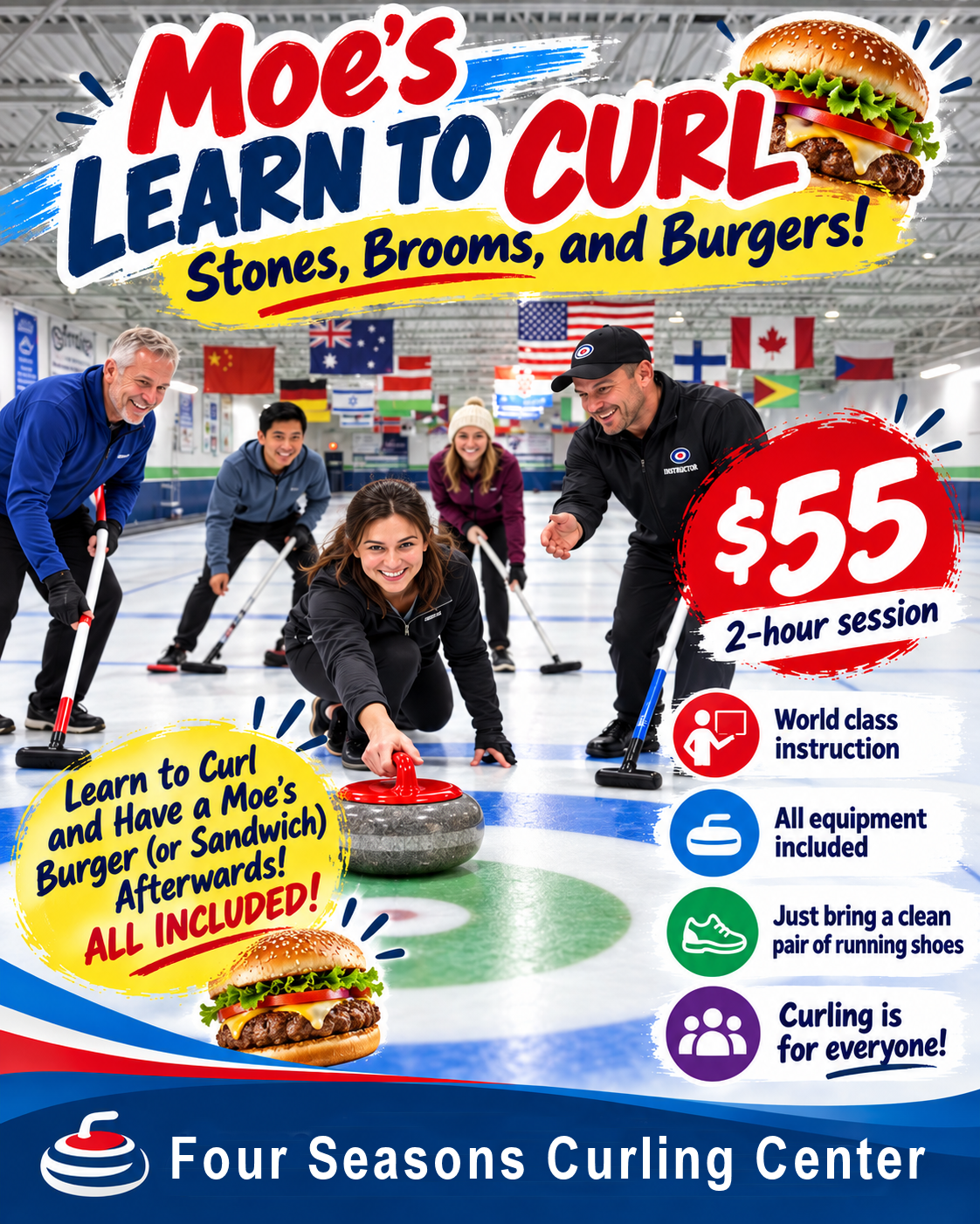 Promotional poster for Moe's Learn to Curl with a $55, 2‑hour session and all equipment included at the Four Seasons Curling Center.